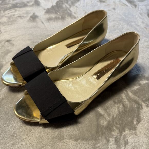 Rupert Sanderson London Gold Mirror Peep Open Toe Black Bow Retro Style Flats - Picture 12 of 13
